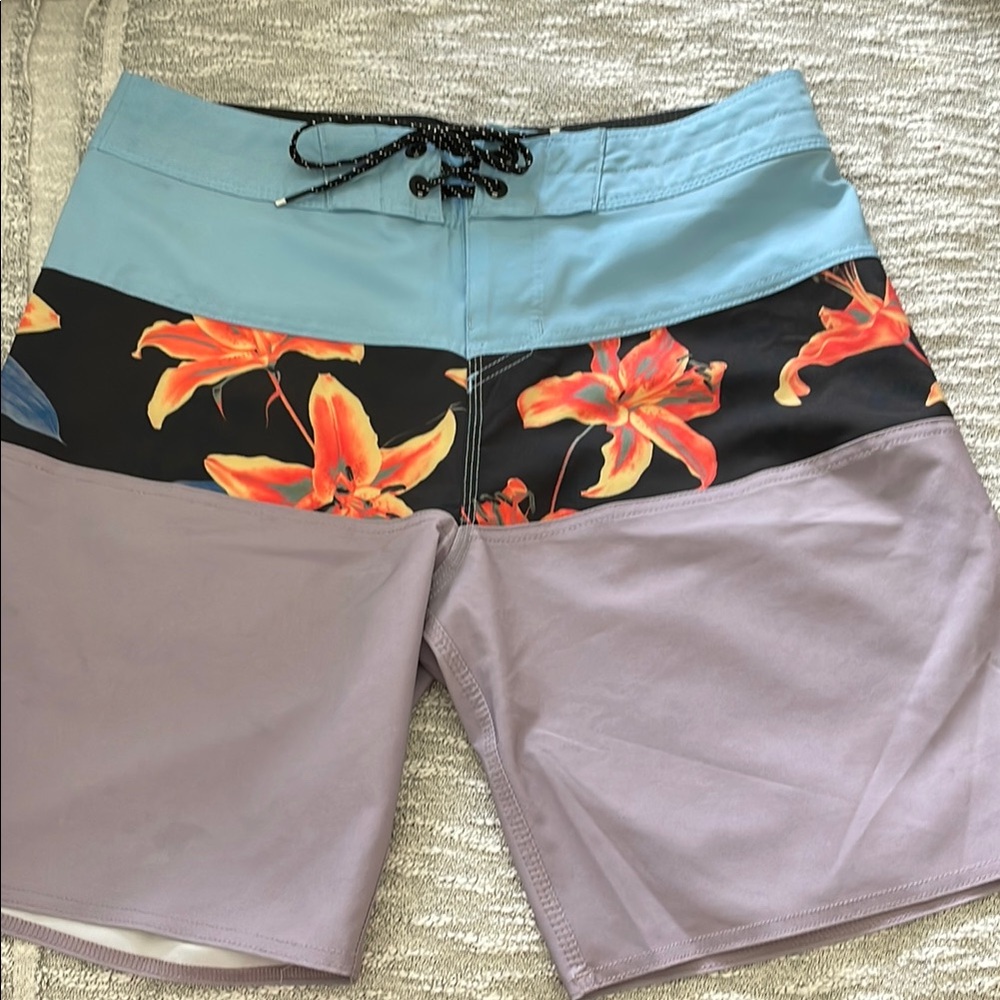 Billabong Blue and Black Board Shorts with Tropical Flair NWOT